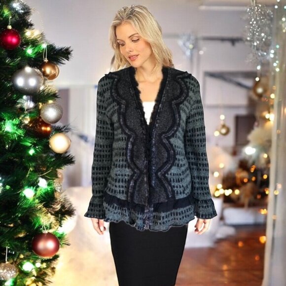ARIS Wool Blend Contrast Ruffles Scalloped Placket Winter Knit Cardigan NEW Sz M - Picture 1 of 5